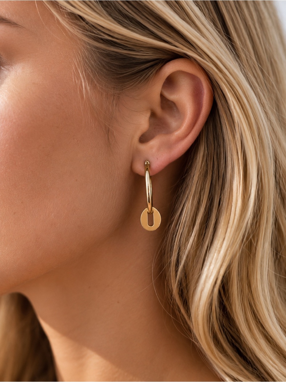 Gold Hoop Drop Earrings with Disc Charm - Women Jewelry